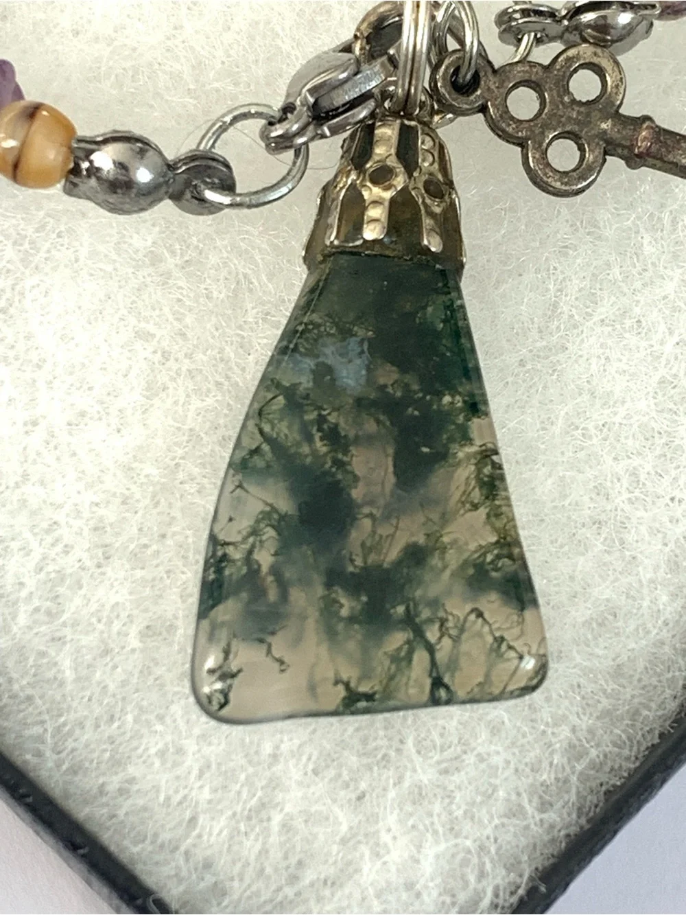 Multicolor Beaded Gemstone Charm Bracelet with Moss Agate Pendant
